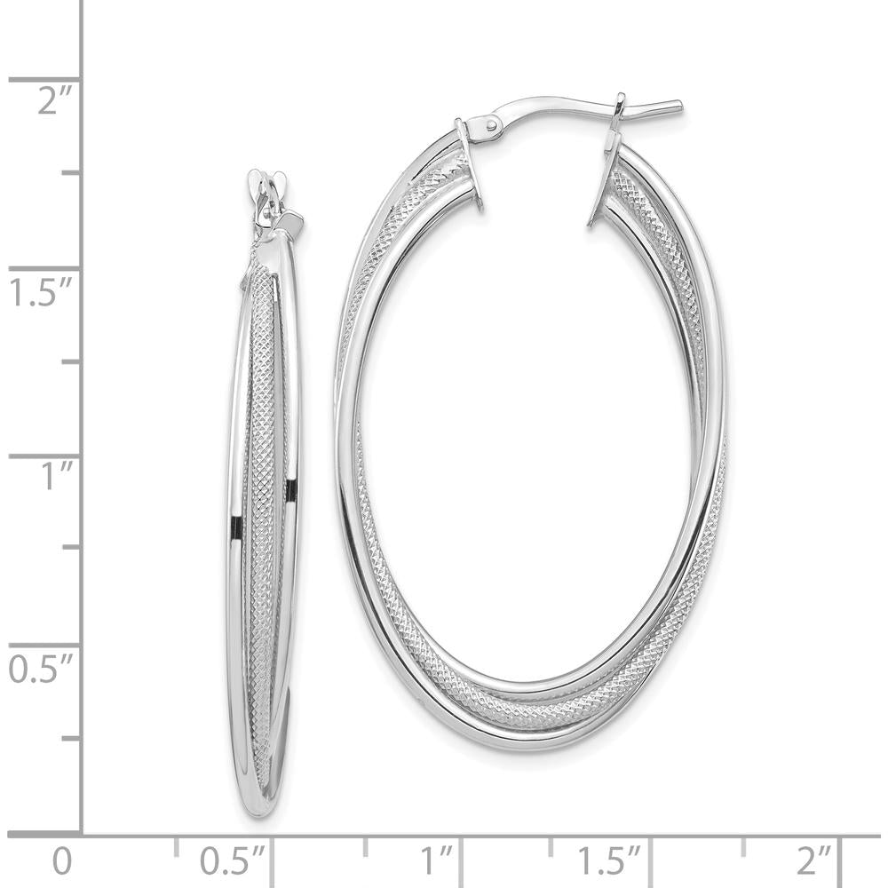 14K White Gold Polished and Textured Twisted Fancy Oval Hoop Earrings - Lightweight and Rhodium Plated by 0