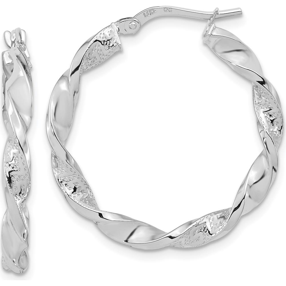 14K White Gold Polished and Textured Twisted Hoop Earrings - 27.88mm Width by 0