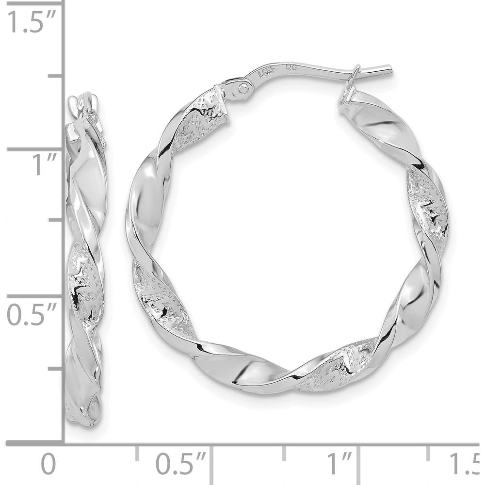 14K White Gold Polished and Textured Twisted Hoop Earrings - 27.88mm Width by 0