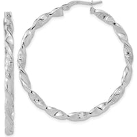 14K White Gold Polished and Textured Twisted Hoop Earrings - 42.5mm Width by 0
