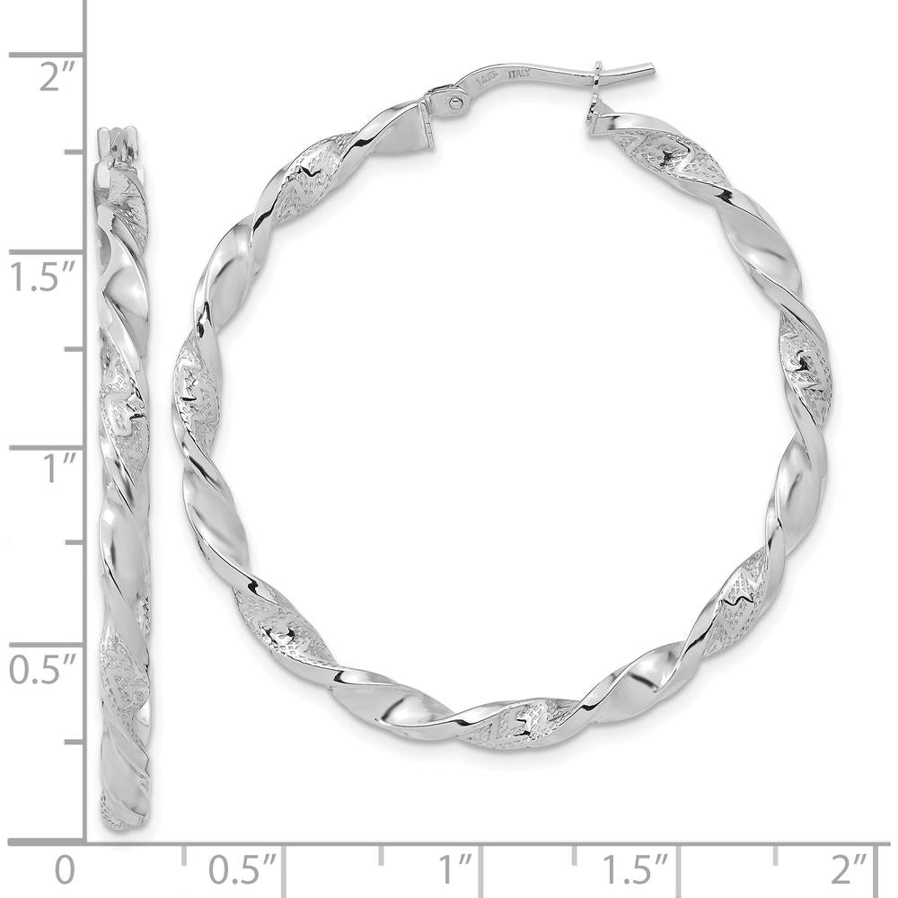 14K White Gold Polished and Textured Twisted Hoop Earrings - 42.5mm Width by 0