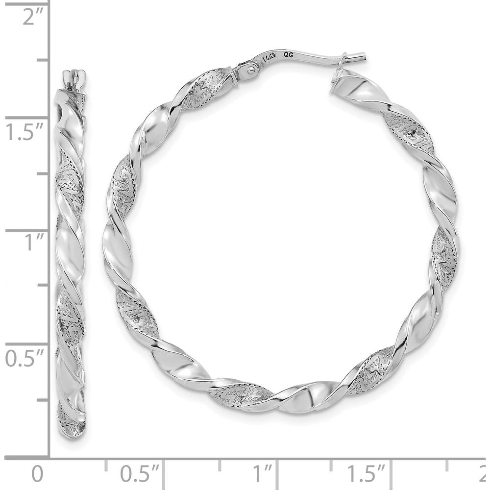 14K White Gold Polished and Textured Twisted Hoop Earrings - Elegant and Timeless Design by 0