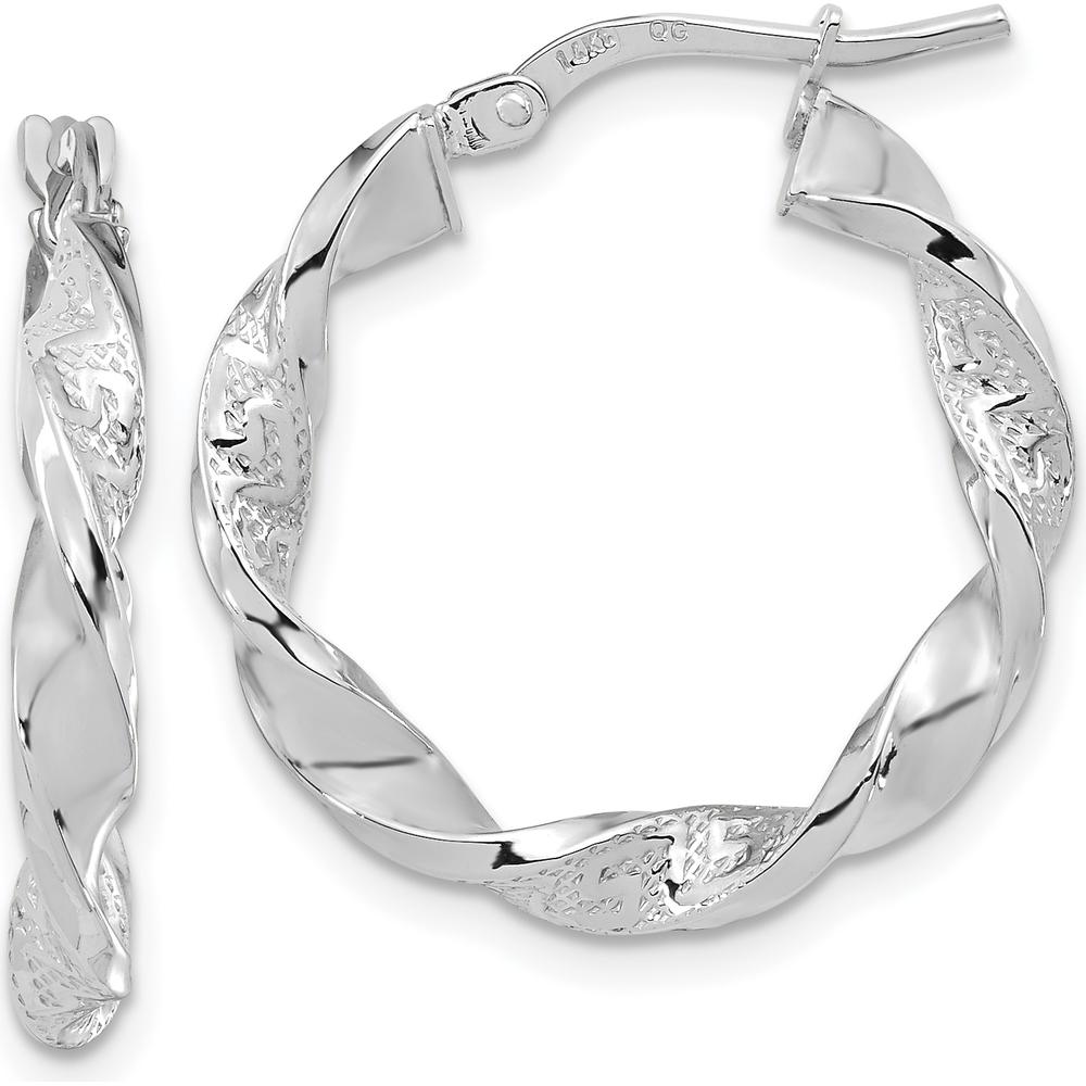 14K White Gold Polished and Textured Twisted Hoop Earrings by 0