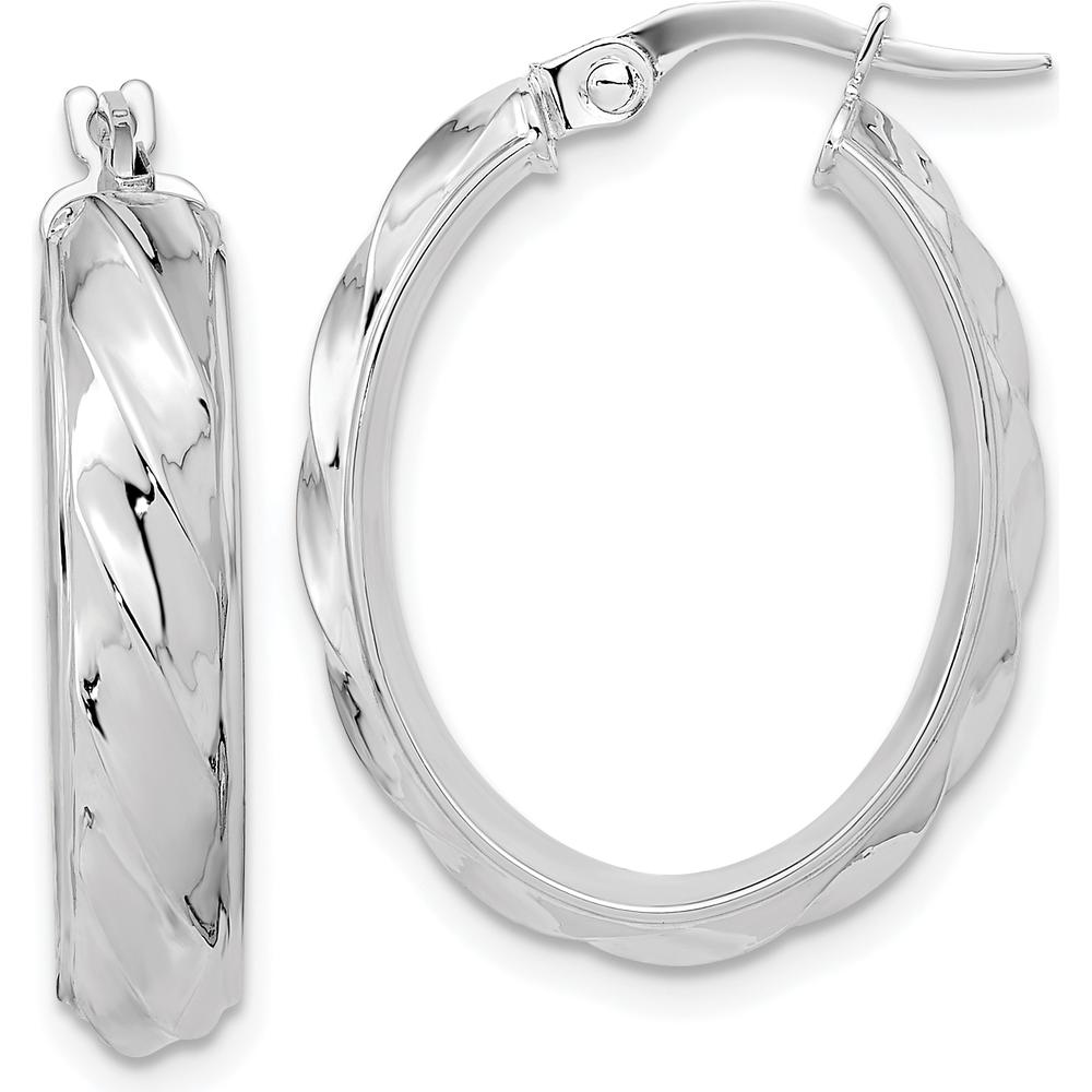 14K White Gold Polished and Twisted Oval Hoop Earrings - Rhodium Plated by 0