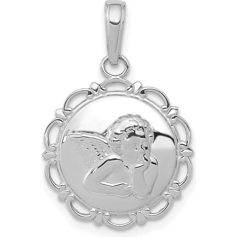 14K White Gold Polished Angel Cherub Pendant with Scalloped Frame by Oro Pregiato