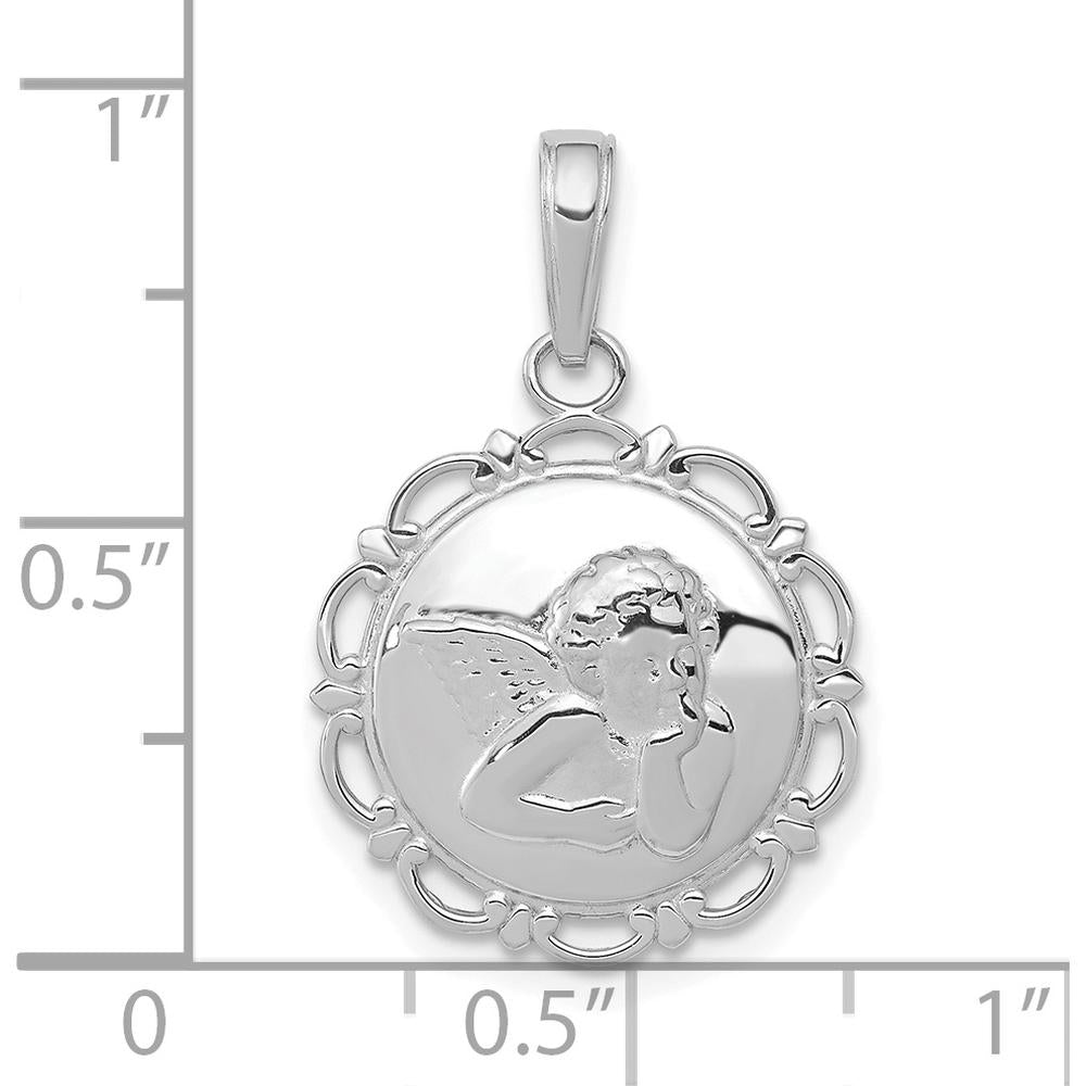 14K White Gold Polished Angel Cherub Pendant with Scalloped Frame by Oro Pregiato