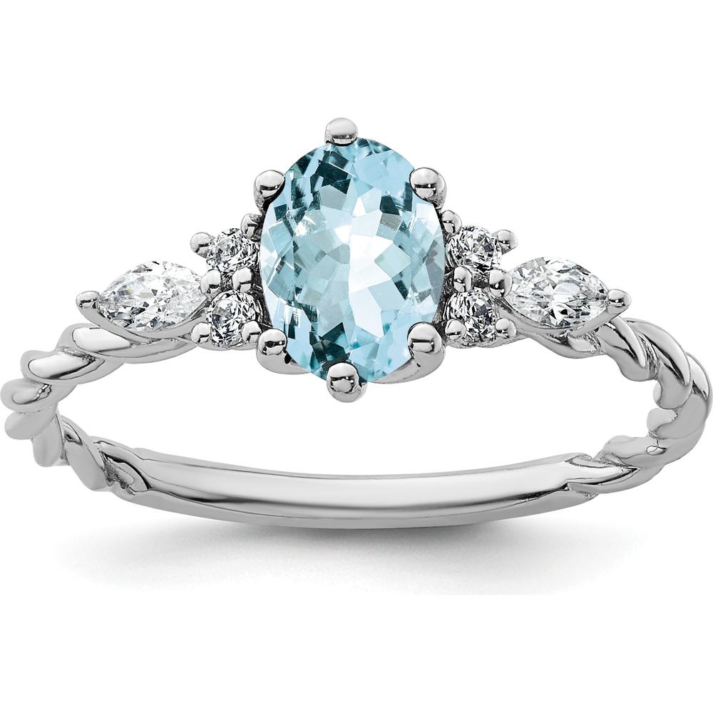 14K White Gold Polished Aquamarine and Diamond Twisted Ring with Oval Aquamarine and Round Diamonds by 0