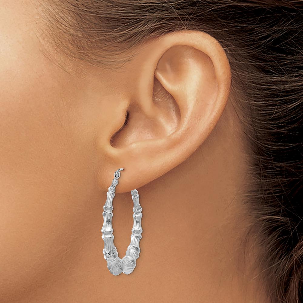 14K White Gold Polished Bamboo Hoop Earrings - 36.11mm Length by 0