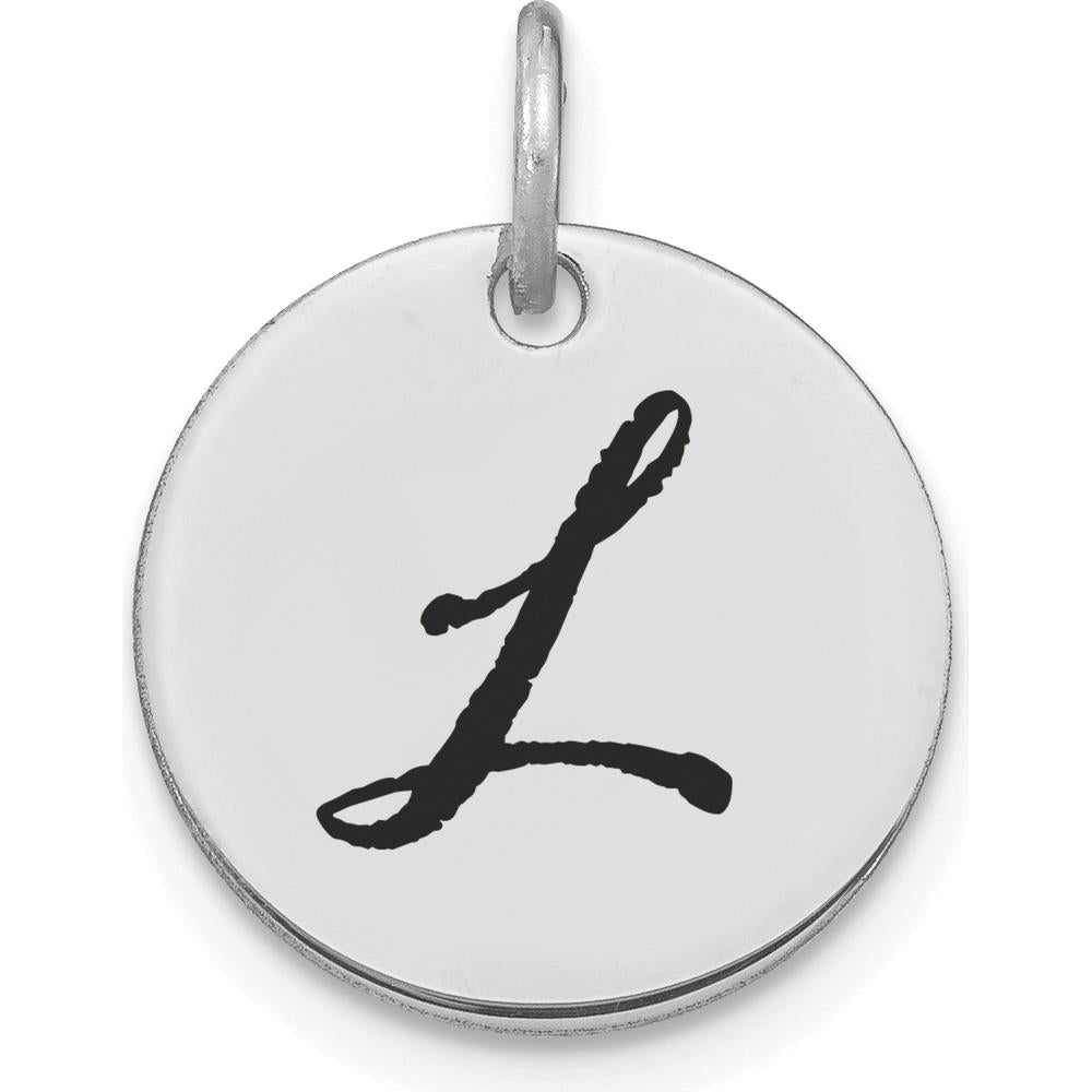 14K White Gold Polished Black Enamel "L" Initial Disk Charm - Laser Cut Design by Oro Pregiato