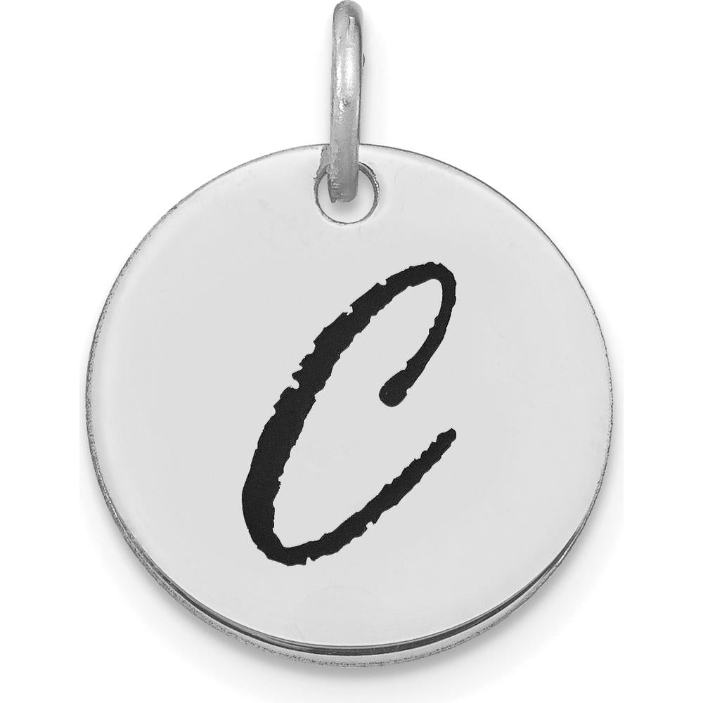 14K White Gold Polished Black Enamel Letter C Initial Disk Charm by Oro Pregiato