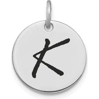 14K White Gold Polished Black Enamel Letter K Initial Disk Charm - Personalized Pendant by Oro Pregiato