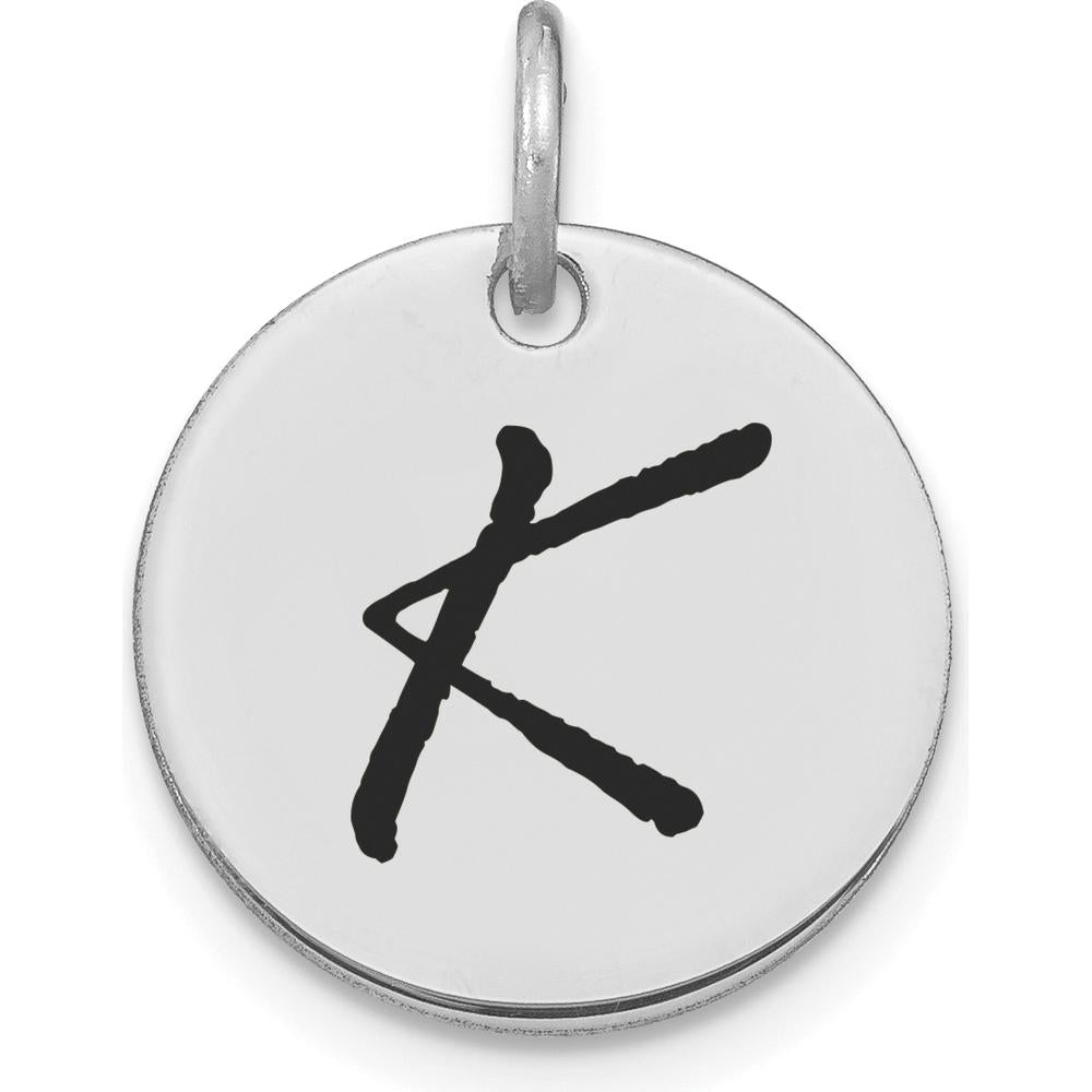 14K White Gold Polished Black Enamel Letter K Initial Disk Charm - Personalized Pendant by Oro Pregiato