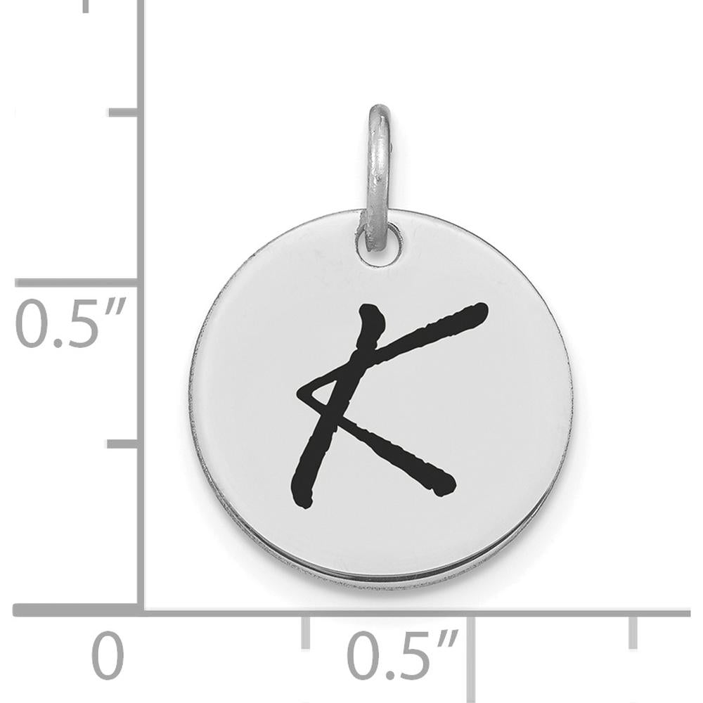 14K White Gold Polished Black Enamel Letter K Initial Disk Charm - Personalized Pendant by Oro Pregiato