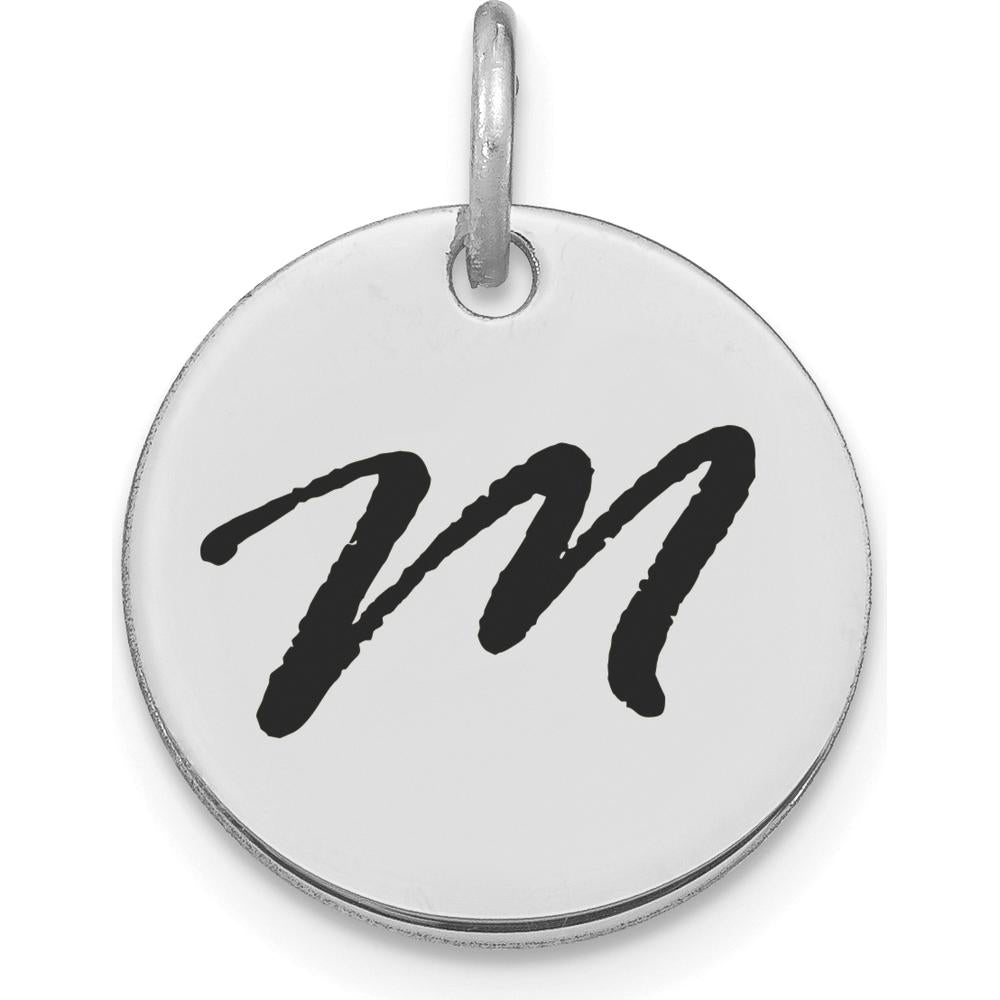 14K White Gold Polished Black Enamel Letter "M" Initial Disk Charm by Oro Pregiato