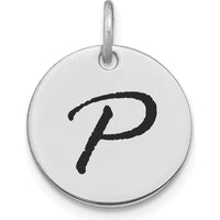 14K White Gold Polished Black Enamel Letter P Initial Disk Charm by Oro Pregiato