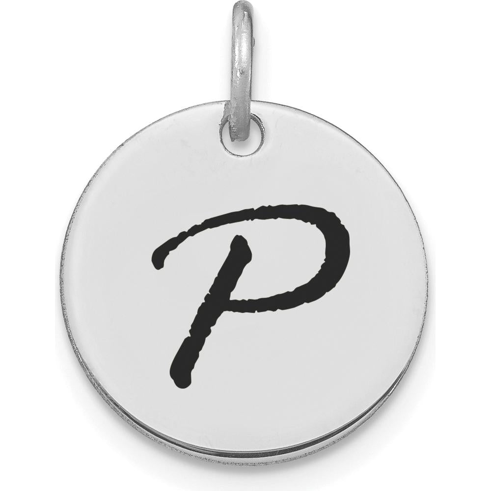 14K White Gold Polished Black Enamel Letter P Initial Disk Charm by Oro Pregiato