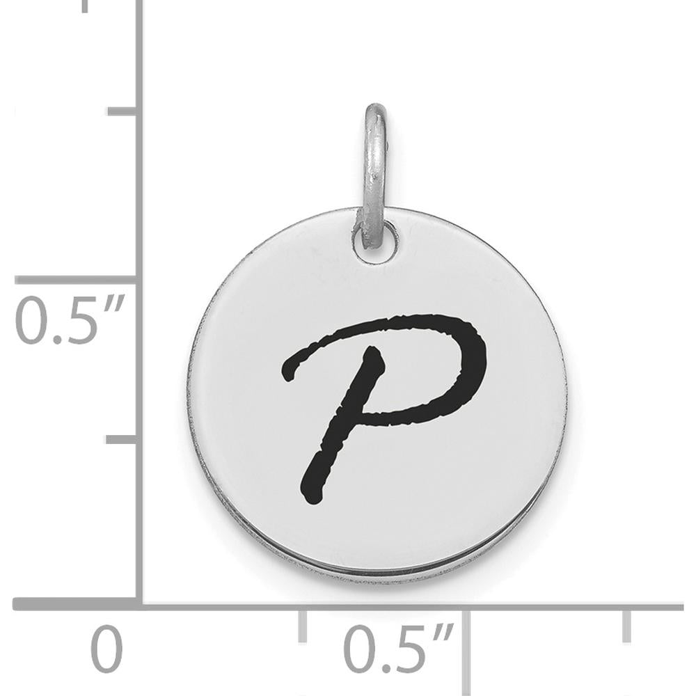 14K White Gold Polished Black Enamel Letter P Initial Disk Charm by Oro Pregiato