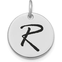 14K White Gold Polished Black Enamel Letter R Initial Disk Charm 15.24mm by Oro Pregiato