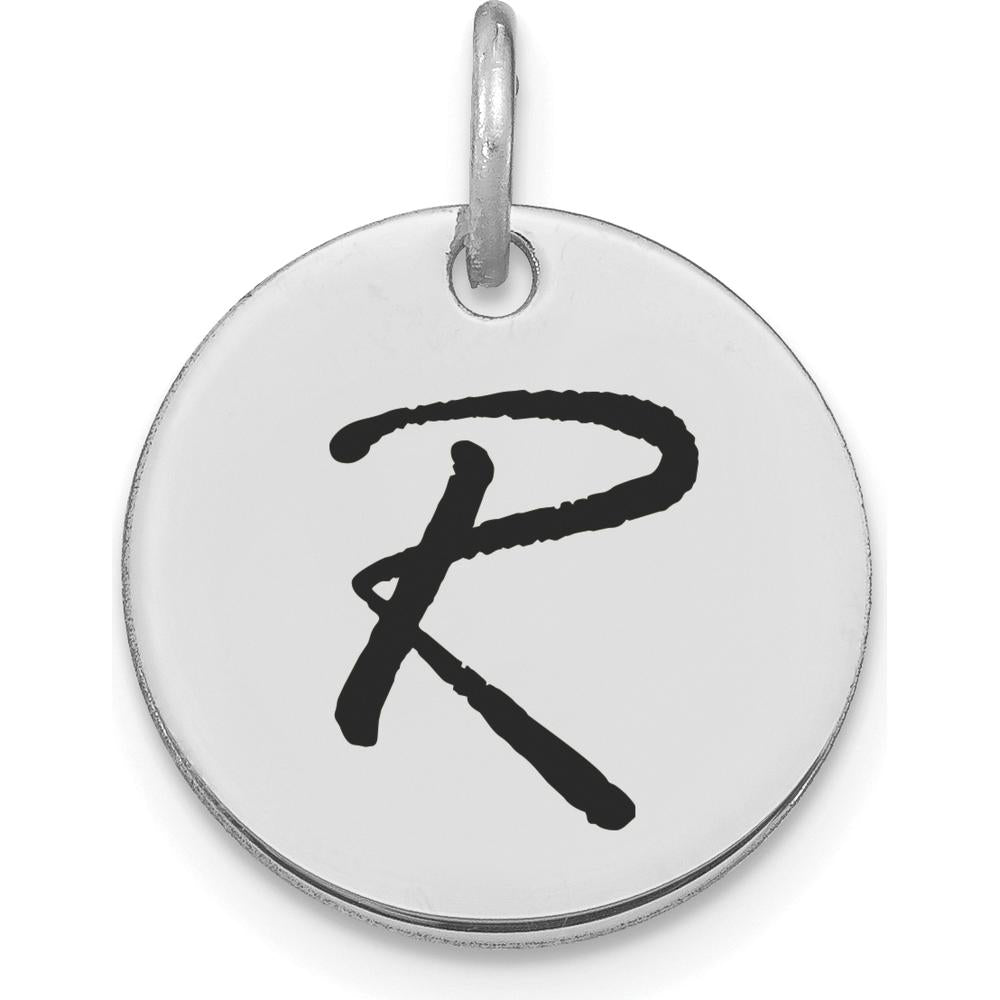 14K White Gold Polished Black Enamel Letter R Initial Disk Charm 15.24mm by Oro Pregiato
