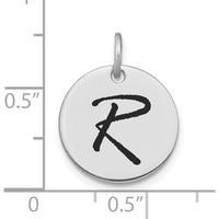 14K White Gold Polished Black Enamel Letter R Initial Disk Charm 15.24mm by Oro Pregiato