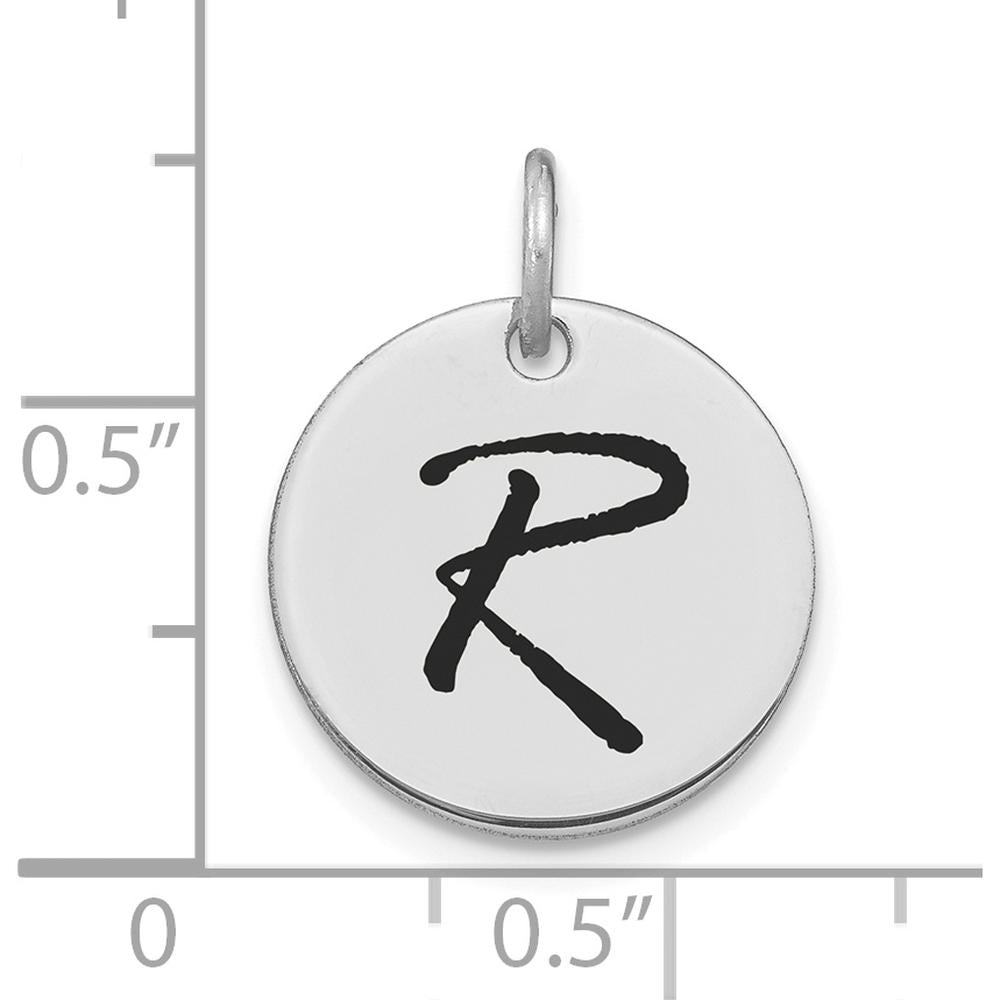 14K White Gold Polished Black Enamel Letter R Initial Disk Charm 15.24mm by Oro Pregiato