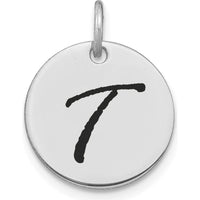 14K White Gold Polished Black Enamel Letter T Initial Disk Charm - 15.24mm by Oro Pregiato