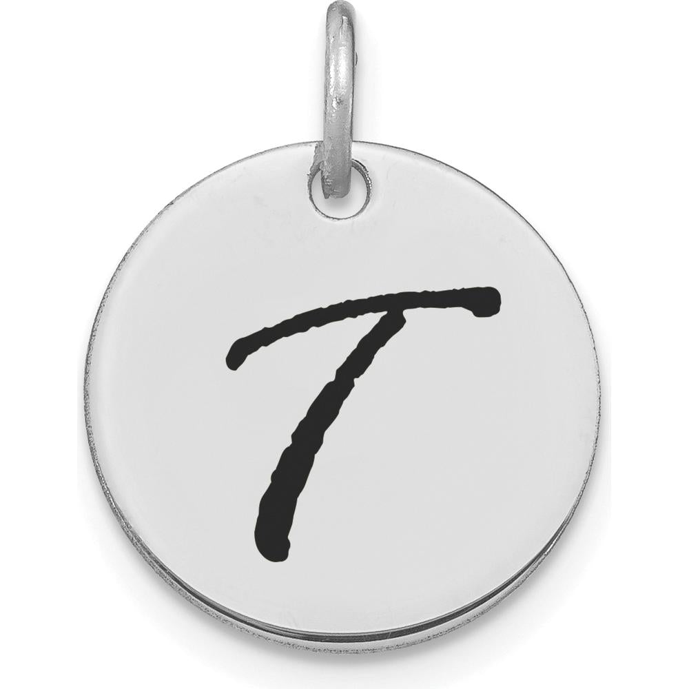 14K White Gold Polished Black Enamel Letter T Initial Disk Charm - 15.24mm by Oro Pregiato