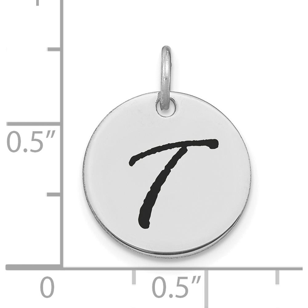 14K White Gold Polished Black Enamel Letter T Initial Disk Charm - 15.24mm by Oro Pregiato