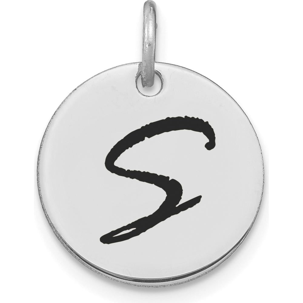 14K White Gold Polished Black Enamel "S" Initial Disk Charm by Oro Pregiato
