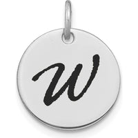 14K White Gold Polished Black Enamel "W" Initial Disk Charm Pendant by Oro Pregiato