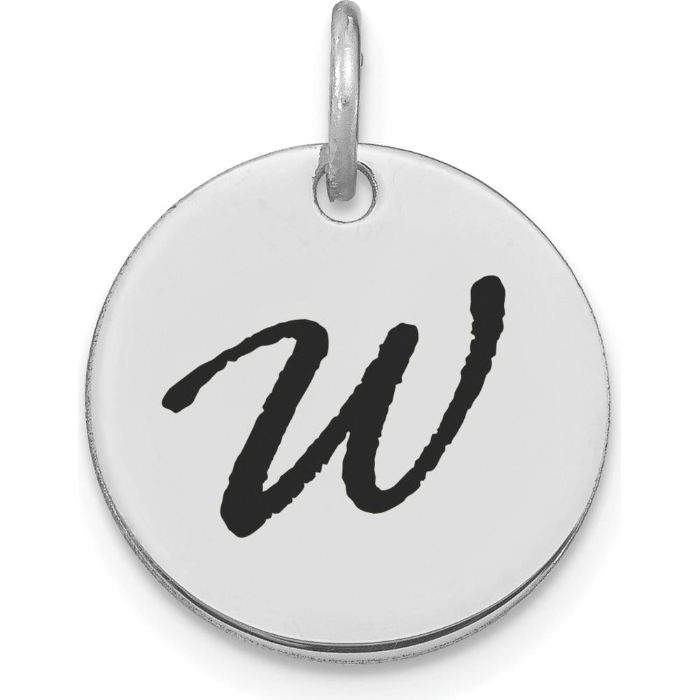 14K White Gold Polished Black Enamel "W" Initial Disk Charm Pendant by Oro Pregiato