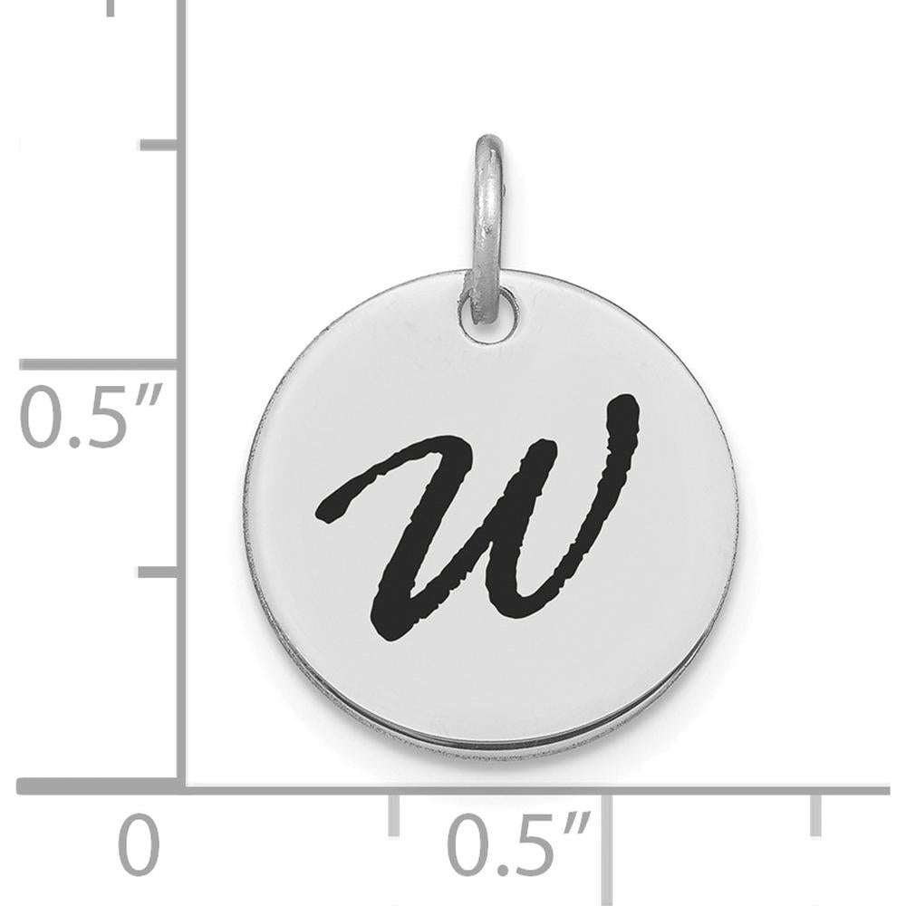 14K White Gold Polished Black Enamel "W" Initial Disk Charm Pendant by Oro Pregiato