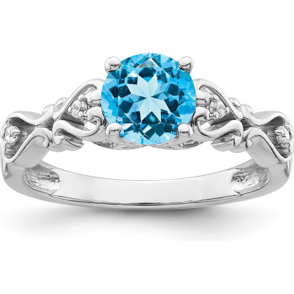 14K White Gold Polished Blue Topaz and Diamond Ring with Round Swiss Blue Topaz - 1.19 Carat Total Blue Topaz Weight and 0.019 Carat Total Diamond Weight by 0