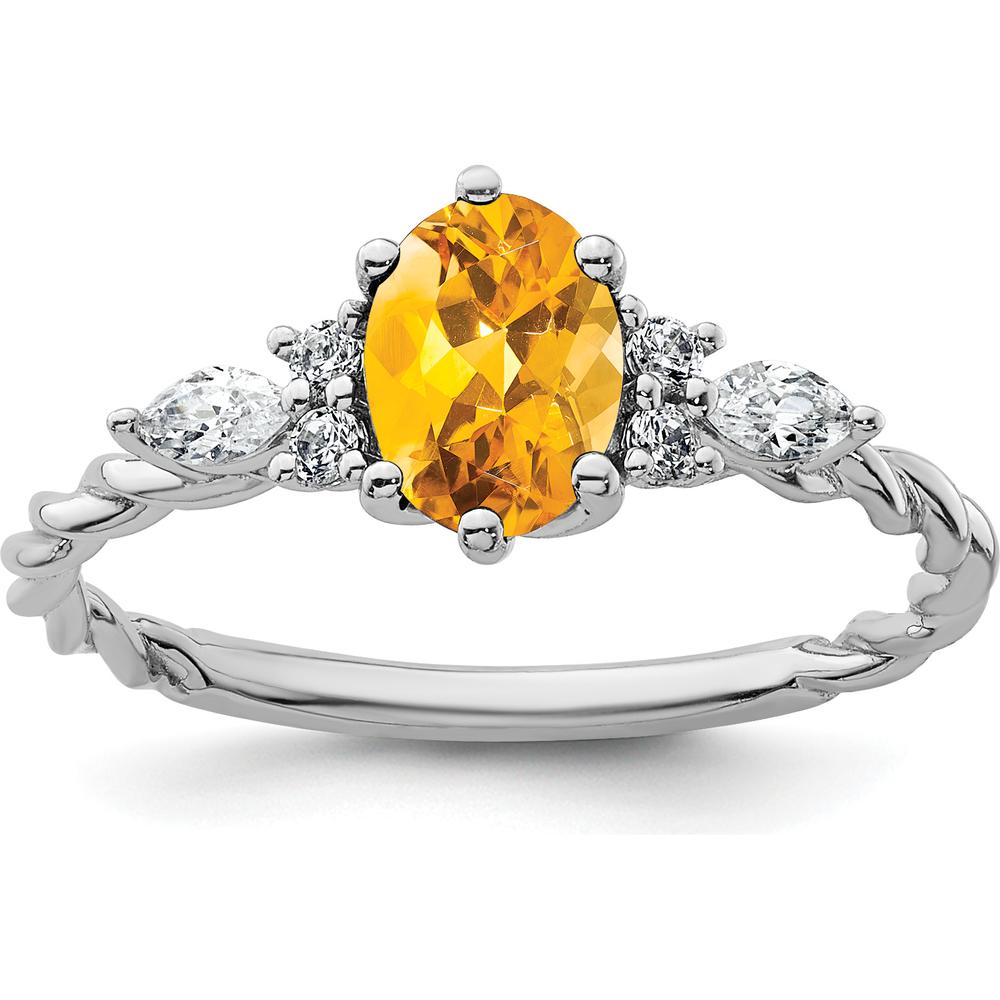 14K White Gold Polished Citrine and Diamond Twisted Ring - 7x5mm Oval Citrine, 1.6mm Band Width by 0