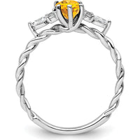 14K White Gold Polished Citrine and Diamond Twisted Ring - 7x5mm Oval Citrine, 1.6mm Band Width by 0