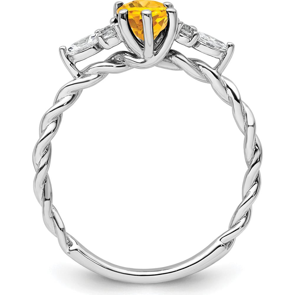 14K White Gold Polished Citrine and Diamond Twisted Ring - 7x5mm Oval Citrine, 1.6mm Band Width by 0