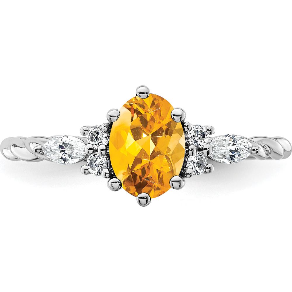 14K White Gold Polished Citrine and Diamond Twisted Ring - 7x5mm Oval Citrine, 1.6mm Band Width by 0