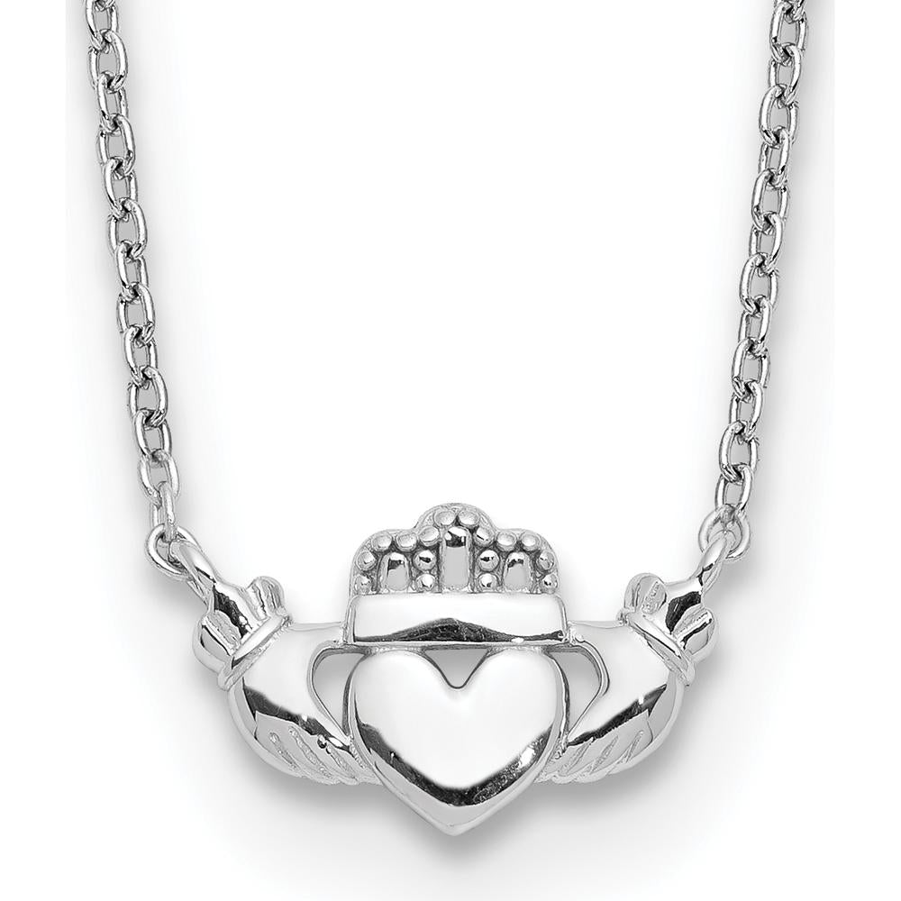 14K White Gold Polished Claddagh Necklace with Cable Chain - 17" Length by 0