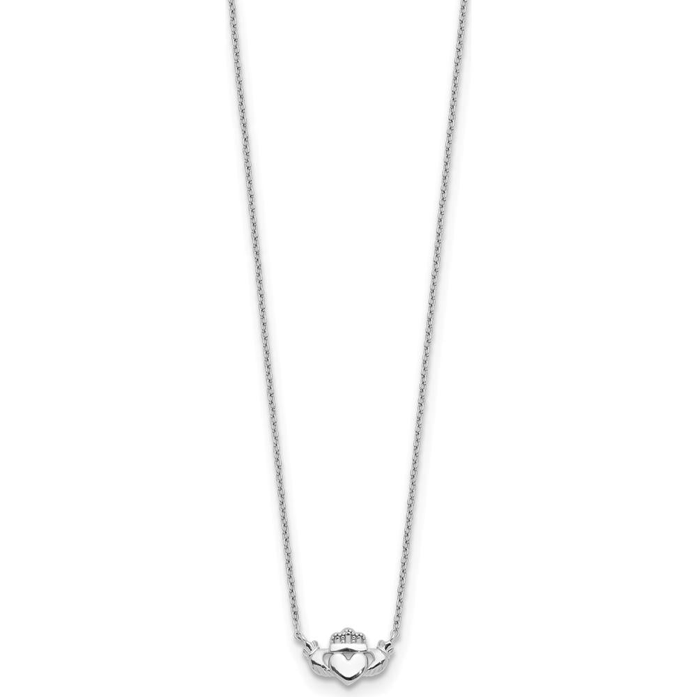 14K White Gold Polished Claddagh Necklace with Cable Chain - 17" Length by 0