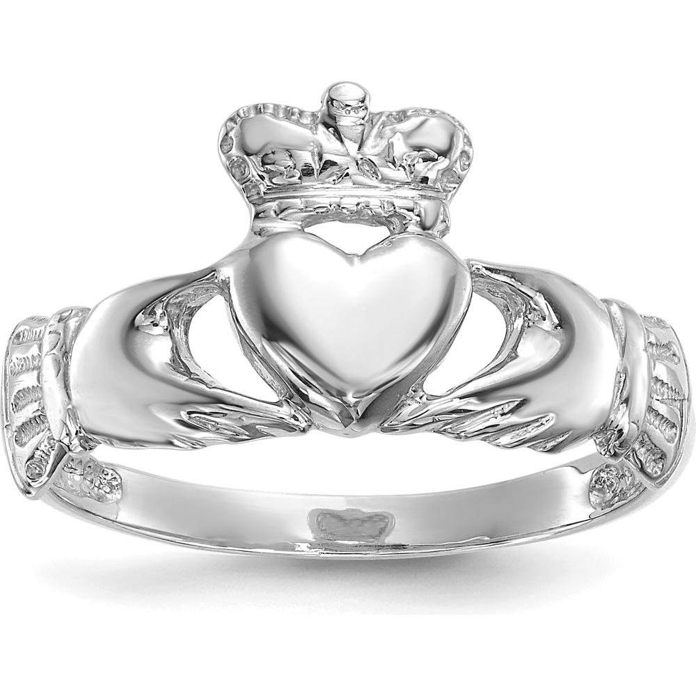 14K White Gold Polished Claddagh Ring with Crown and Heart Design by Oro Pregiato