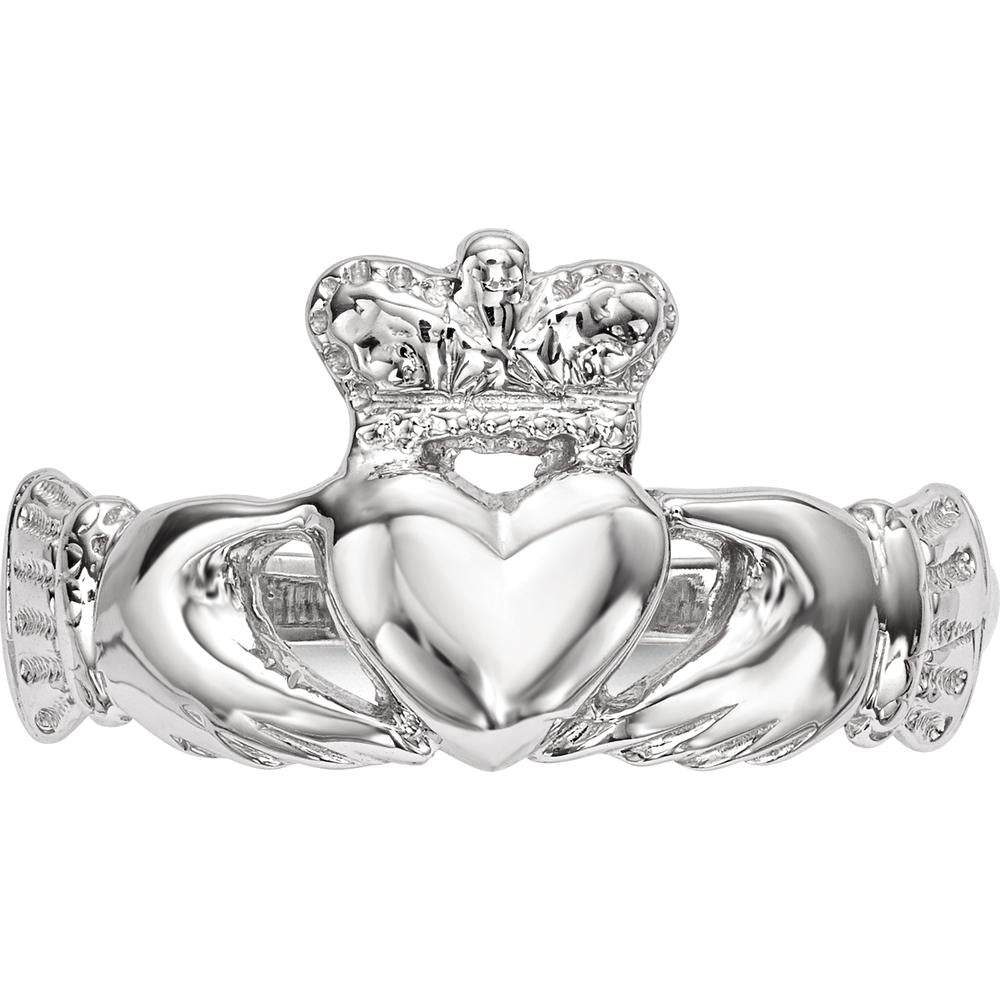 14K White Gold Polished Claddagh Ring with Crown and Heart Design by Oro Pregiato