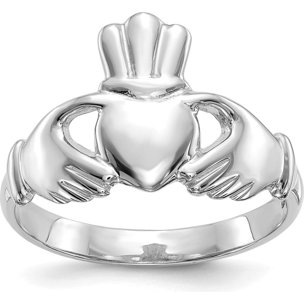 14K White Gold Polished Claddagh Ring with Hands Embracing Heart and Crown Design by Oro Pregiato