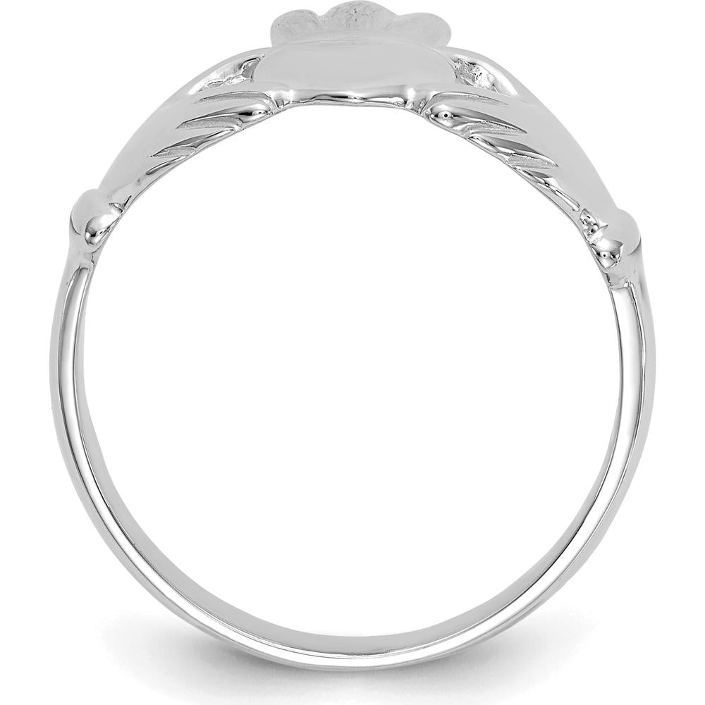 14K White Gold Polished Claddagh Ring with Hands Embracing Heart and Crown Design by Oro Pregiato