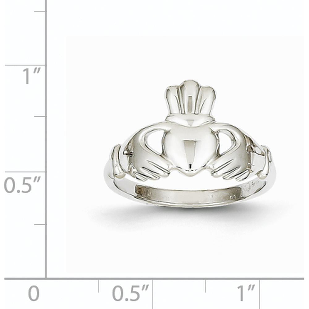 14K White Gold Polished Claddagh Ring with Hands Embracing Heart and Crown Design by Oro Pregiato