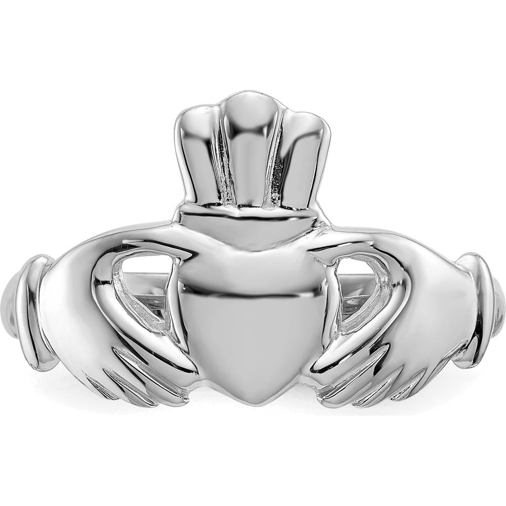 14K White Gold Polished Claddagh Ring with Hands Embracing Heart and Crown Design by Oro Pregiato