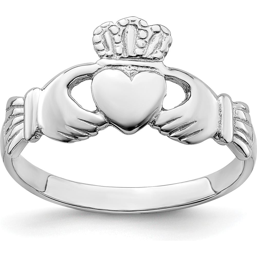 14K White Gold Polished Claddagh Ring with Heart and Crown Detail by 0