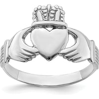 14K White Gold Polished Claddagh Ring with Rhodium Plating - 30.2mm Top Length, 12.8mm Top Width by 0