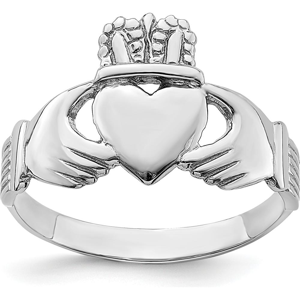 14K White Gold Polished Claddagh Ring with Rhodium Plating - 30.2mm Top Length, 12.8mm Top Width by 0