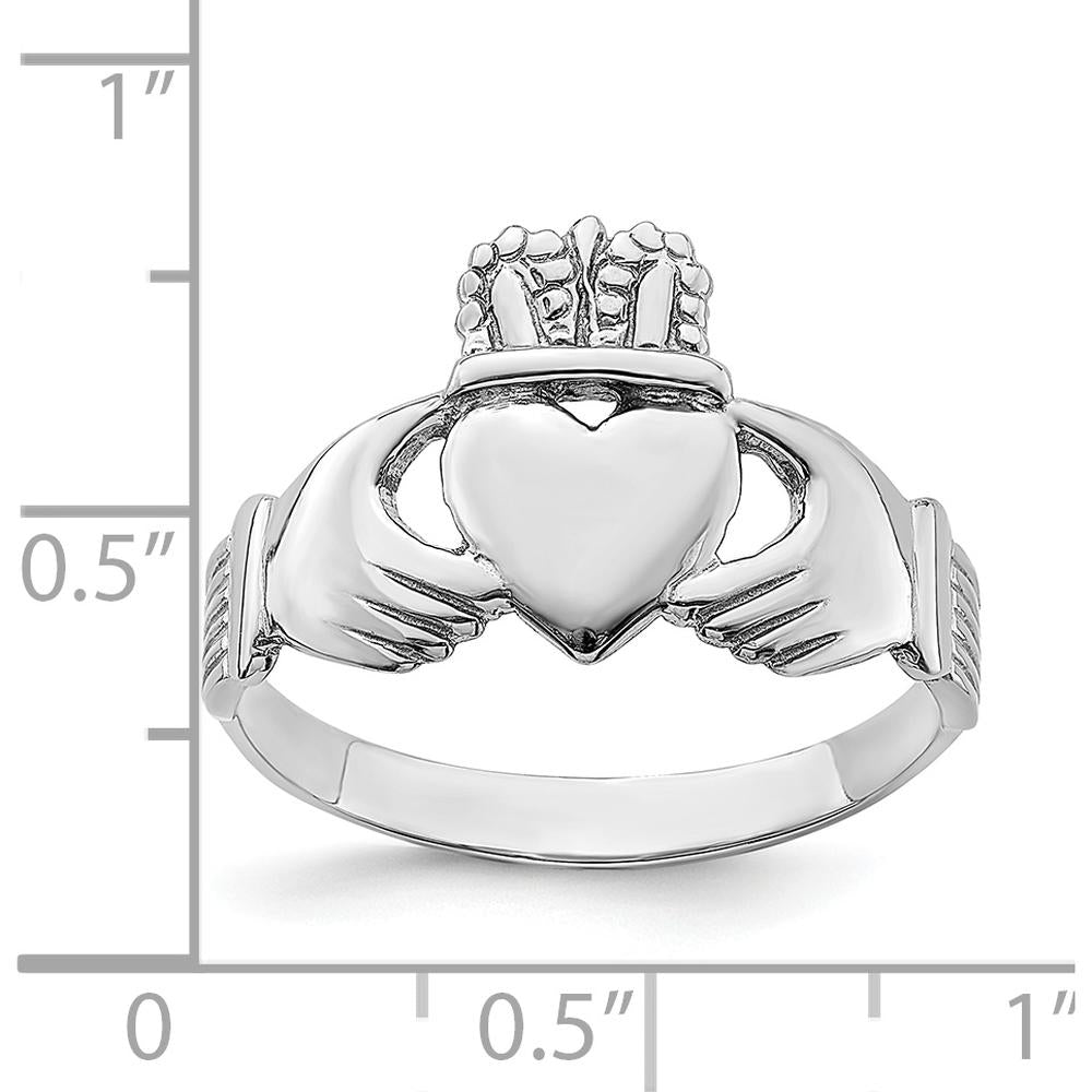14K White Gold Polished Claddagh Ring with Rhodium Plating - 30.2mm Top Length, 12.8mm Top Width by 0