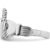 14K White Gold Polished Claddagh Ring with Rhodium Plating - 30.2mm Top Length, 12.8mm Top Width by 0